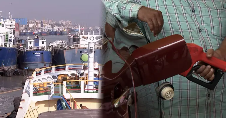 বন্দরে জাহাজ ও গাড়িতে পেট্রোল দেয়া হচ্ছে